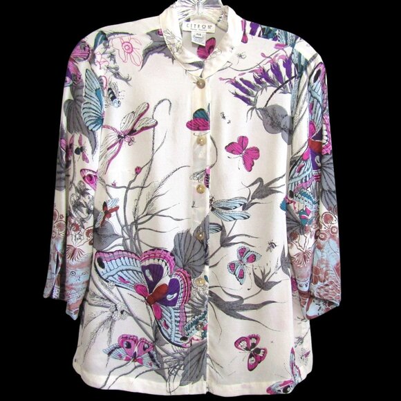 Citron Santa Monica Silk Blouse Top Butterfly Floral PXS Button Up Art to Wear - Picture 1 of 9